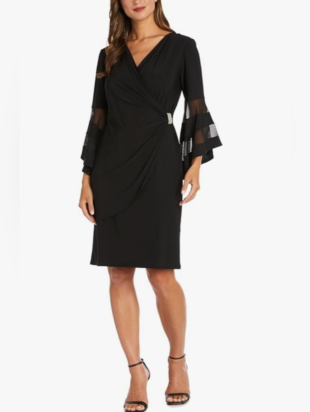 R&M Richards Black Faux Wrap Women’s Dress with Flounced Mesh Panel Sleeves 8